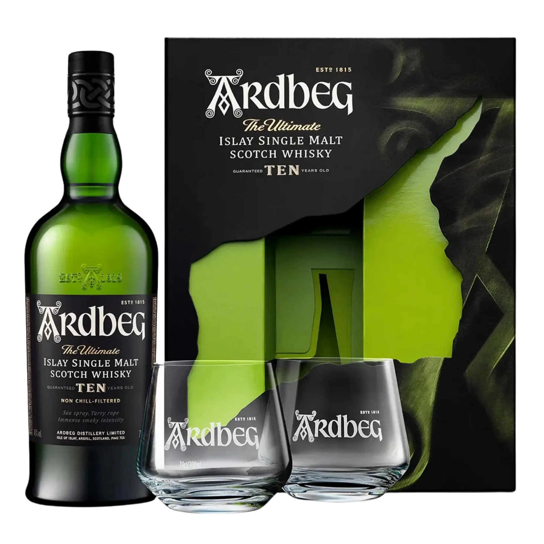 Ardbeg 10 Year Old Single Malt Scotch Whisky With 2 Glasses Gift Pack 700ml
